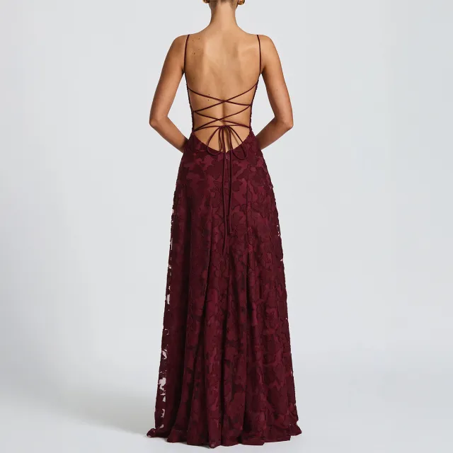 Elegant And Sophisticated Strap A line Maxi Dress For Women Western Style Wine Red - Shop at LoveMi