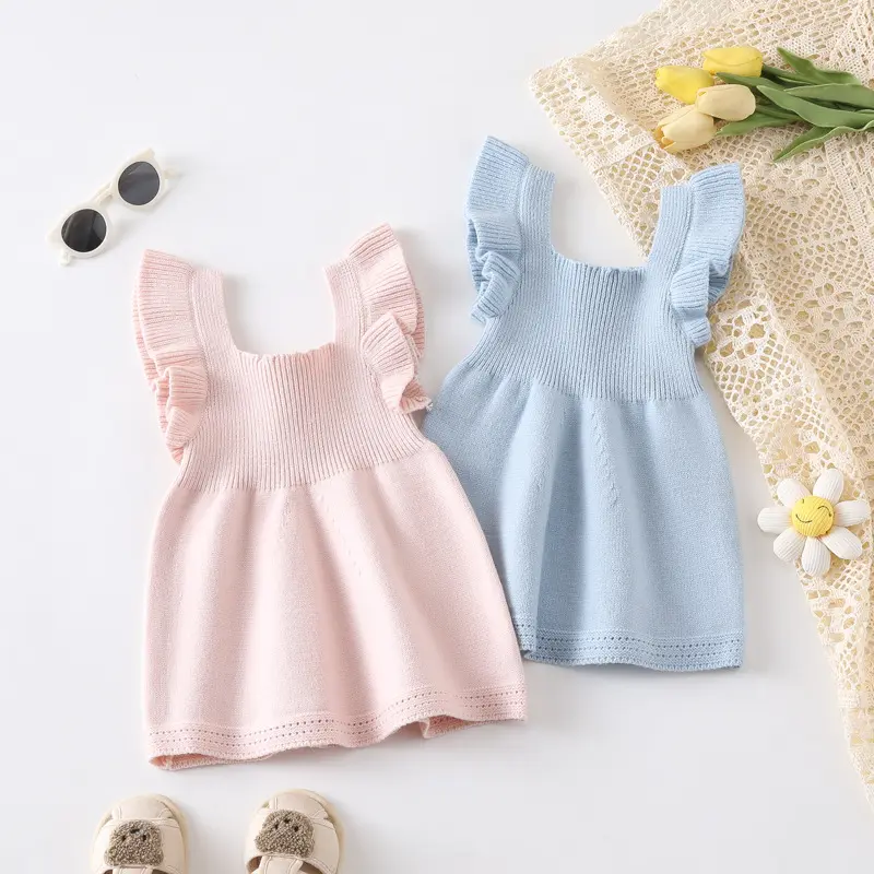 Girls' Stringy Selvedge Dress Flounced Sleeve Knitted