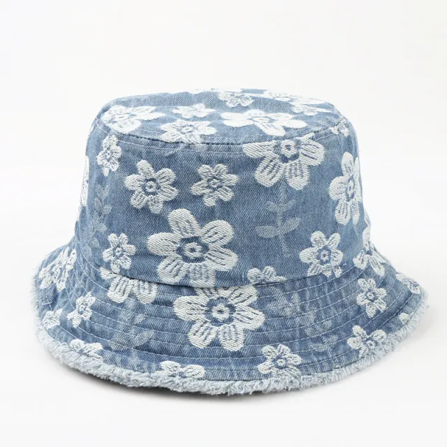 Flower Embroidered Denim Bucket Hat Korean Washed out Distressed Light Blue - Shop at LoveMi