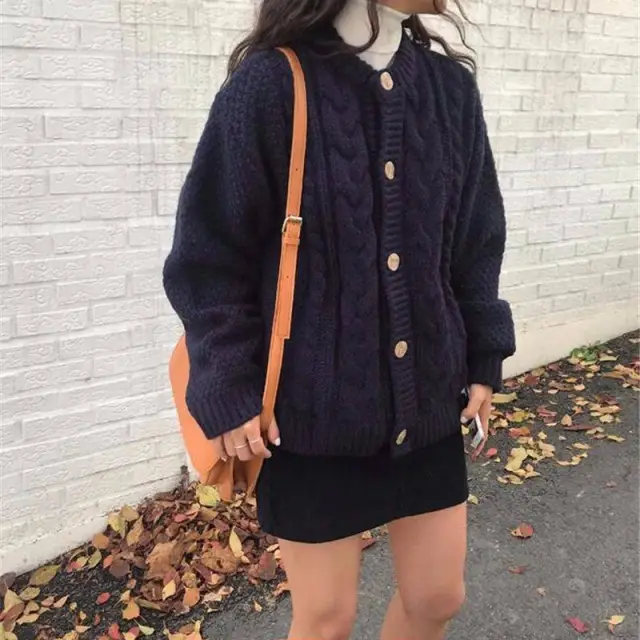 Women's Sweater Spring And Autumn Korean Style Loose Navy Blue - Shop at LoveMi