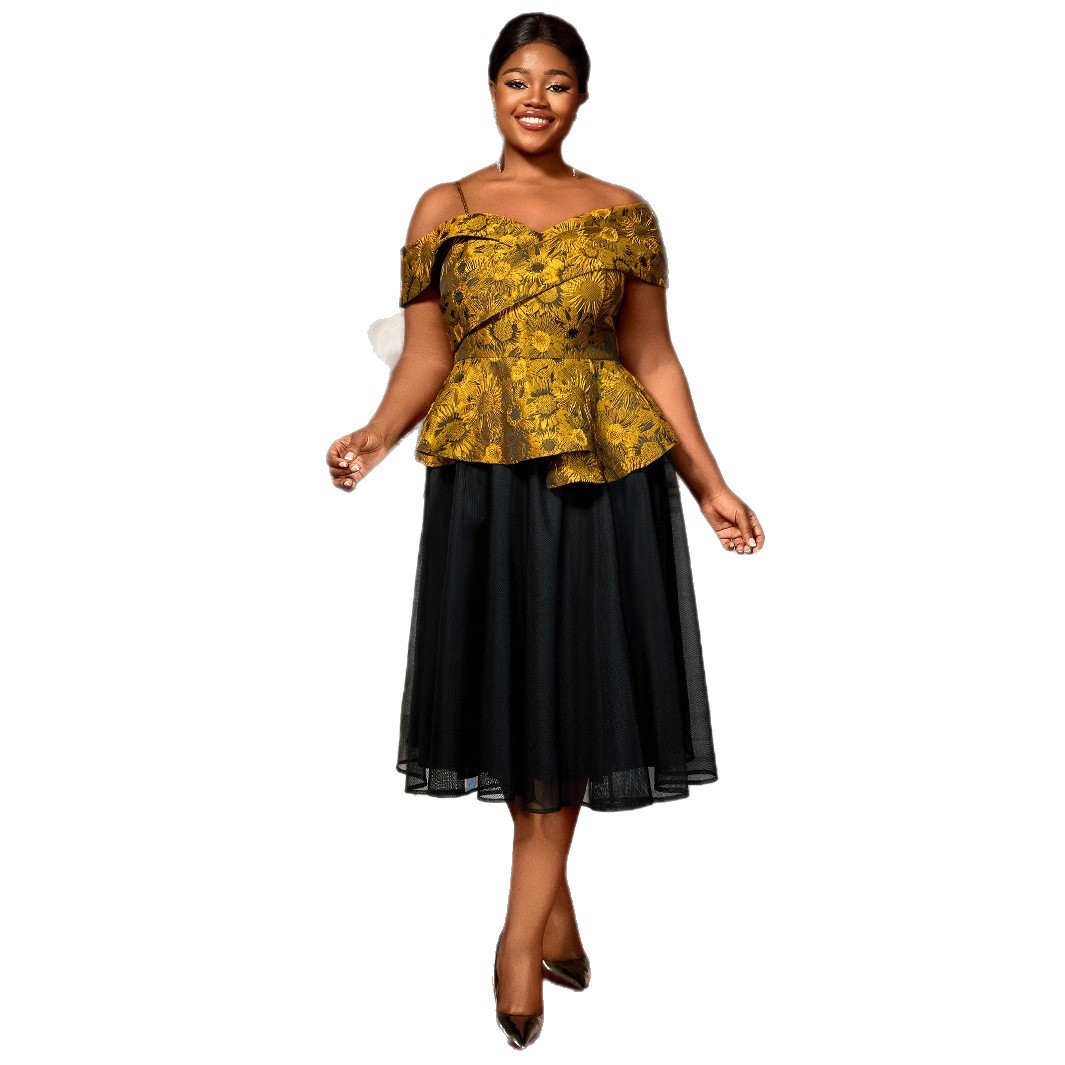 Embroidered Irregular Sleeve Waist Black Median To Long Mesh Skirt - Image 3