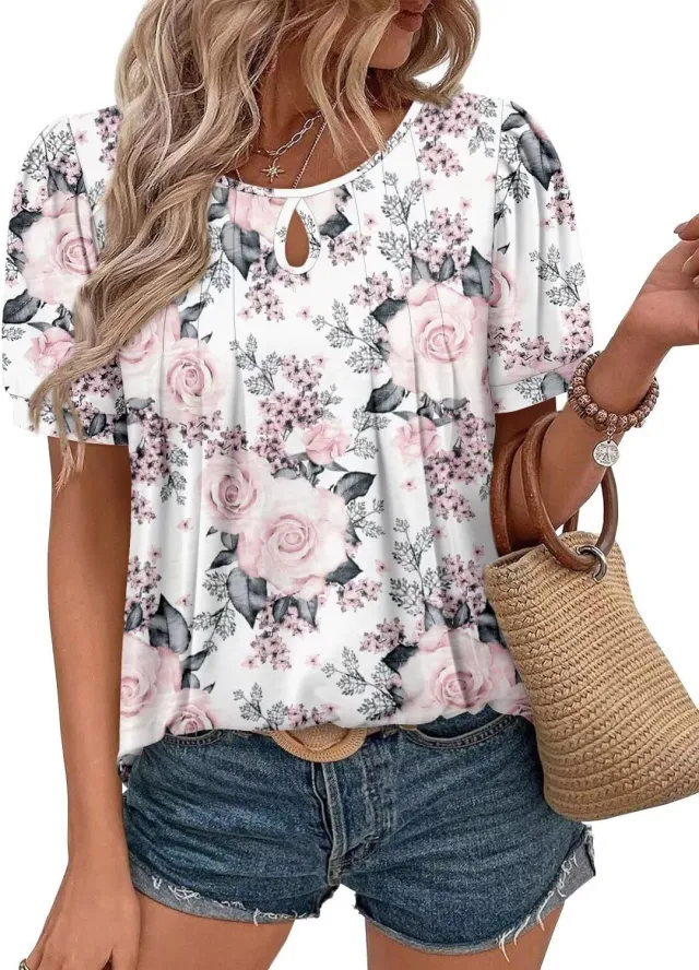 Floral Print Round Neck T Hole Flower Female Floral - Shop at LoveMi