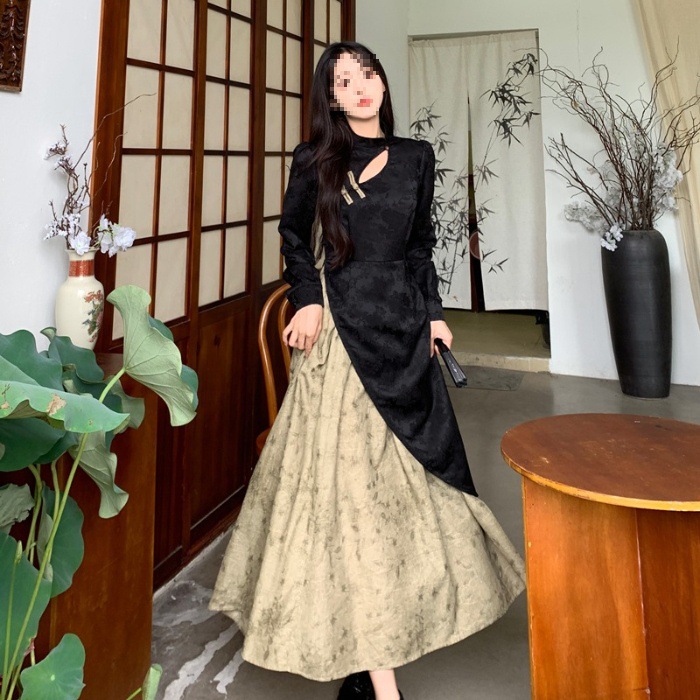 New Chinese style Faux Two piece Long sleeve Dress Figure flattering Mid length Skirt For Women Picture Color - Shop at LoveMi