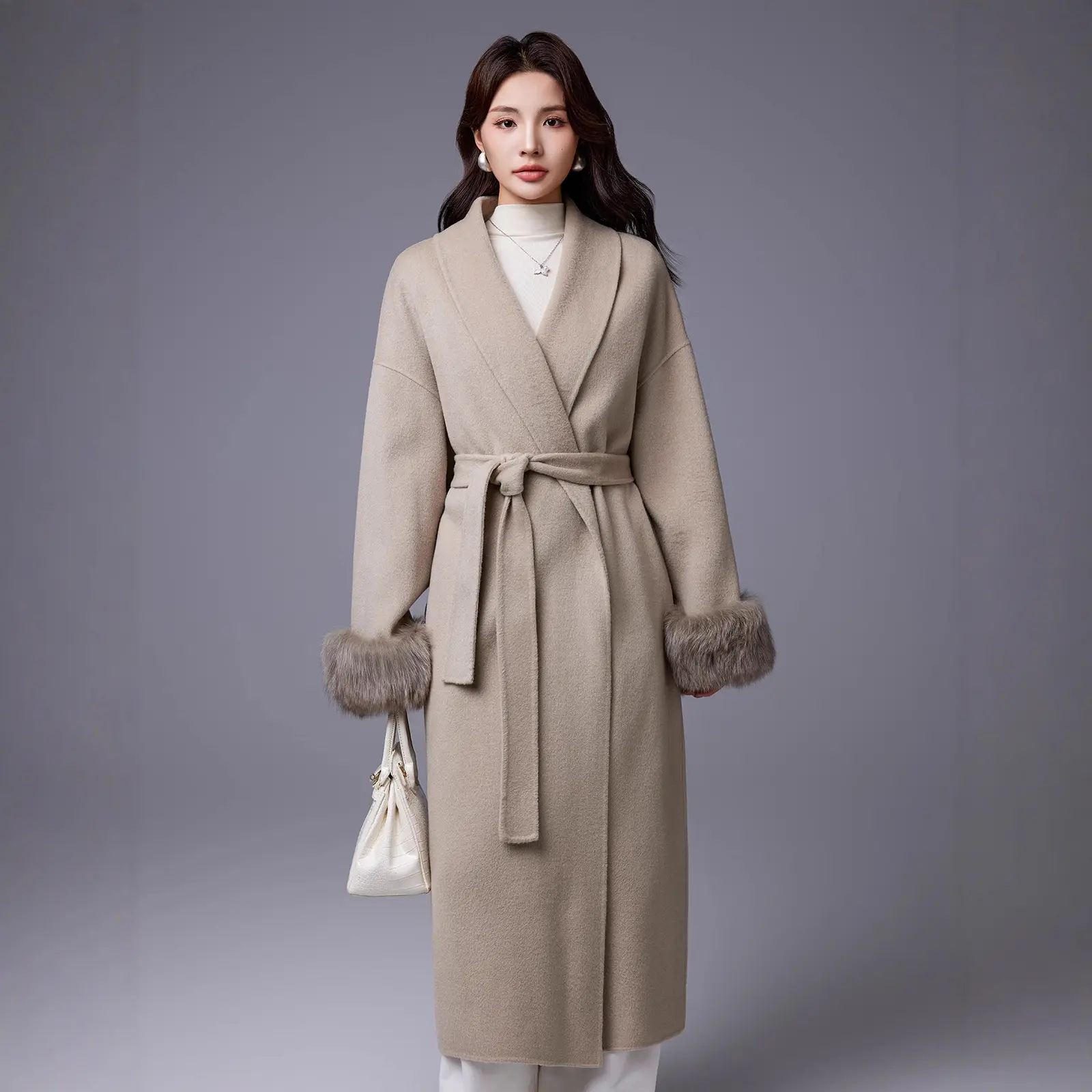 Thickened Coat With Fox-fur Sleeves Womens Belted