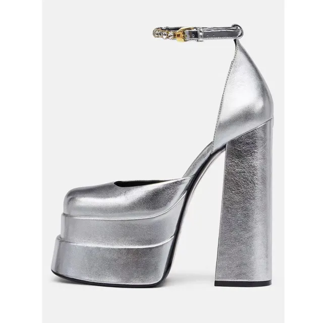 Golden Square Head Hollow Waterproof Platform Buckled Chunky Heel Super High Heel Silver - Shop at LoveMi