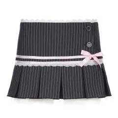 Preppy Style Cute Girl Striped Lace Bow Pleated Skirt Low Waist Skirt With Lining - Gray - View 1