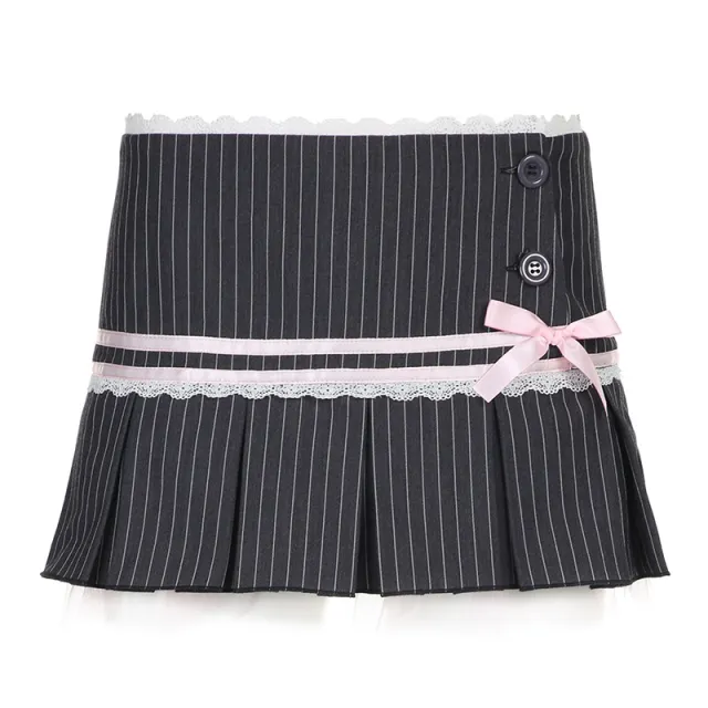Preppy Style Cute Girl Striped Lace Bow Pleated Skirt Low Waist Skirt With Lining Gray - Shop at LoveMi