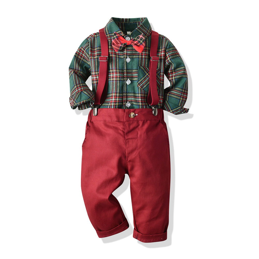 Boys' Multicolor Plaid Long-sleeved Shirt Retro Suspender Pants