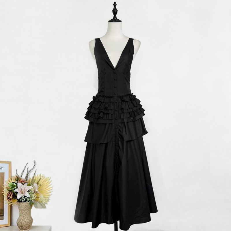 Retro-style Halter-neck Ruffled Tiered Skirt Midi Dress Solid-color One-piece Dress