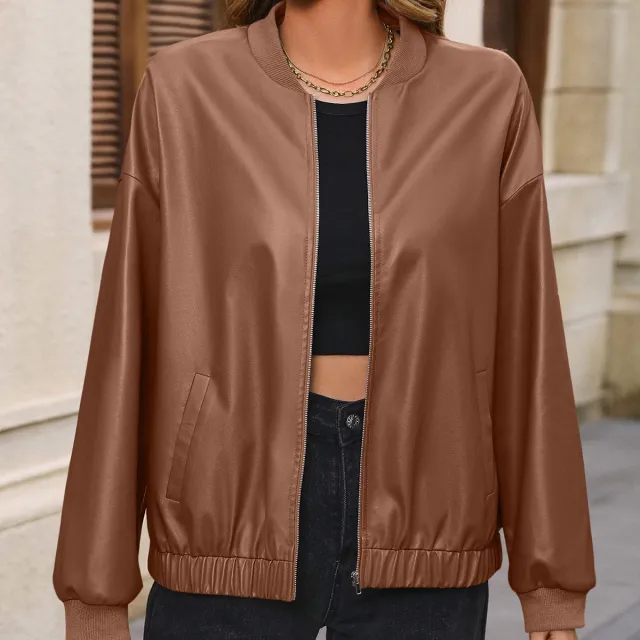 Women's Solid Color European And American Leisure Short Leather Jacket Brown - Shop at LoveMi