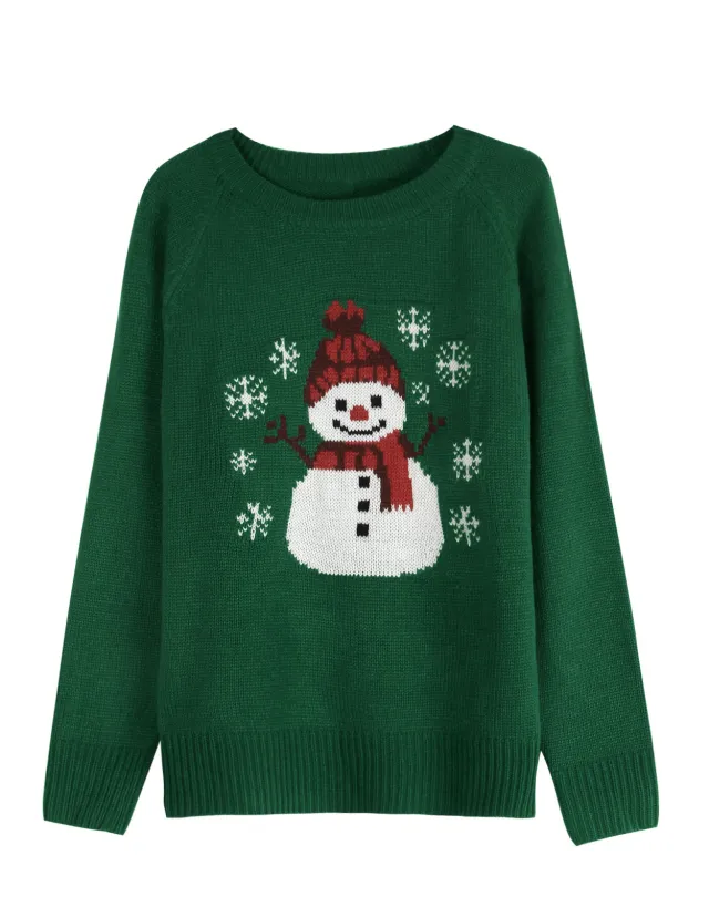 Cute Snowman Embroidered Pullover Sweater For Women Dark Green - Shop at LoveMi