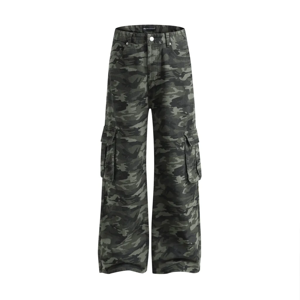 American Vintage Street Trendy Camouflage Workwear Trousers - Green