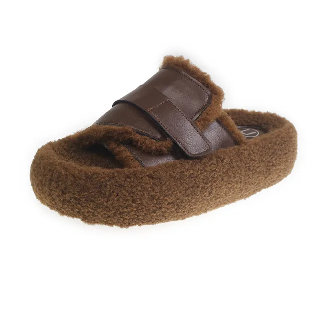 Women's Outer Wear Autumn And Winter Lamb Wool Fleece lined Casual Fluffy Slippers Brown - Shop at LoveMi