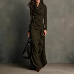 Elegant Ruched High-neck Figure-hugging Long-sleeve Dress - Olive - View 1