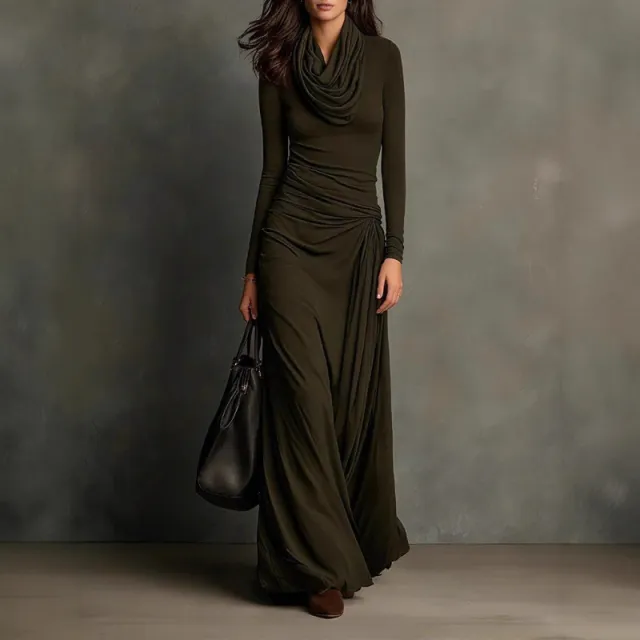 Elegant Ruched High neck Figure hugging Long sleeve Dress Green - Shop at LoveMi
