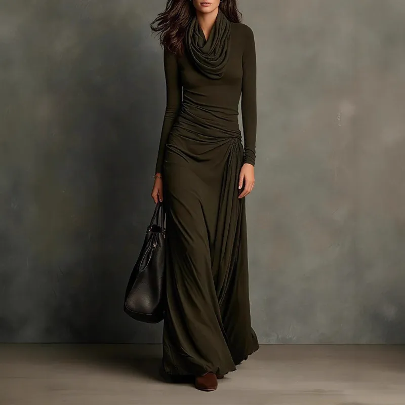 Elegant Ruched High-neck Figure-hugging Long-sleeve Dress - Green