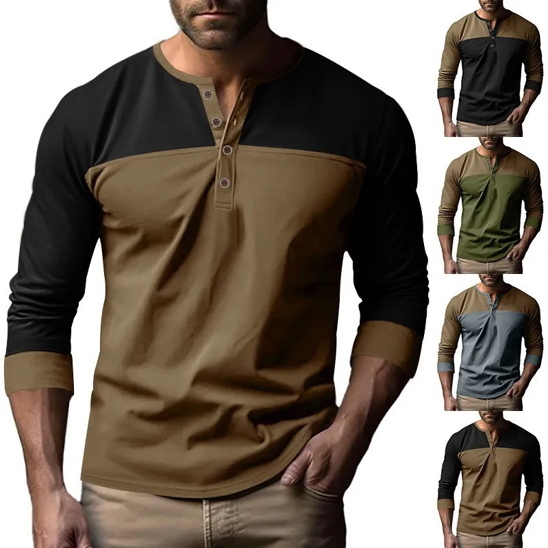 Retro Trendy Long-sleeve Color Matching Henry Collar Bottoming Shirt Casual T-shirt