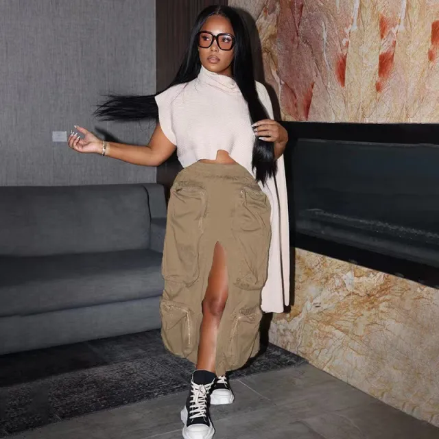Zipper Stitching Large Pocket Multi pocket Loose Cargo Skirt Khaki - Shop at LoveMi