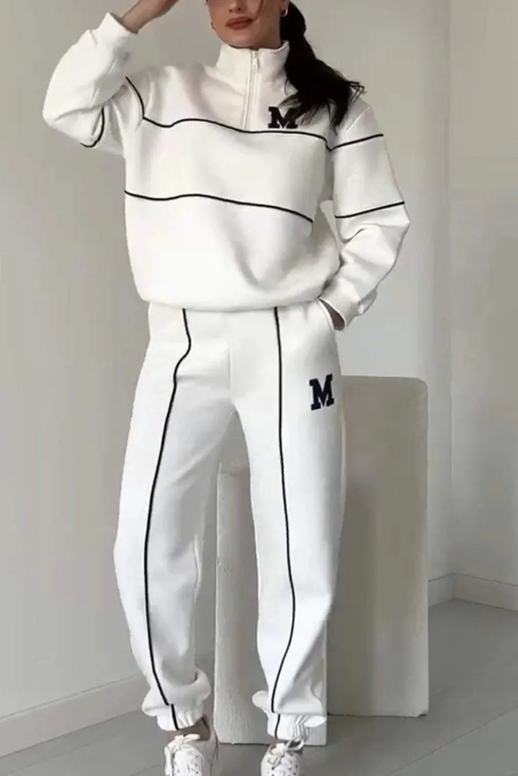 Womens Outfits Lounge Hoodless Pullover Sweatshirt Sweatsuit Sets Sweatshirt Baggy Fashion Sweatpants With Pockets - White