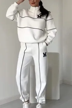 Womens Outfits Lounge Hoodless Pullover Sweatshirt Sweatsuit Sets Sweatshirt Baggy Fashion Sweatpants With Pockets - White - View 1
