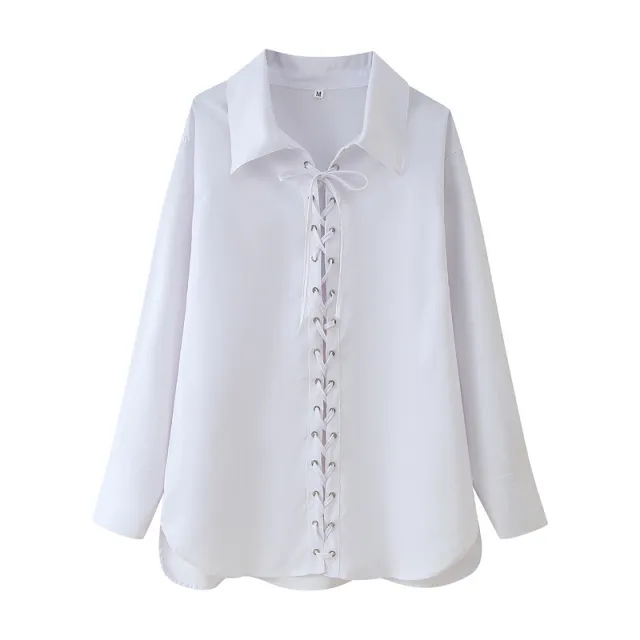 Pure Color Tied Large Profile Long Sleeve Shirt White - Shop at LoveMi