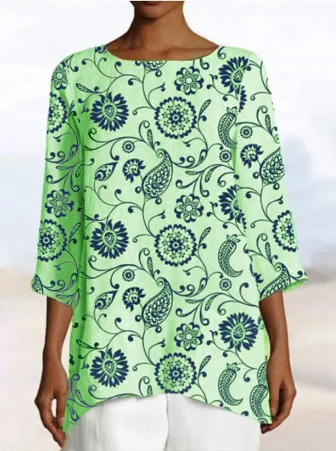 European And American Fashion Butterfly Print Nine quarter Sleeve Round Neck Top Shirt Green - Shop at LoveMi