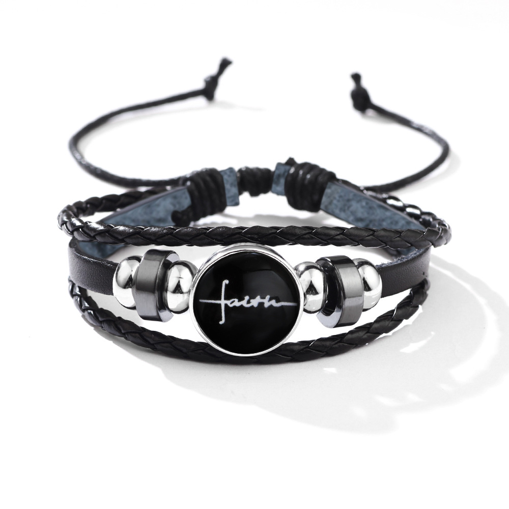 English Letter Glass Buckle Woven Leather Bracelet