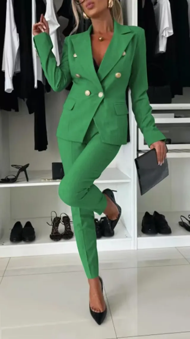 New All matching Casual Suit Lapel Button down Jacket And Slim fit Trousers For Women's Office Business Set Clothing Green - Shop at LoveMi