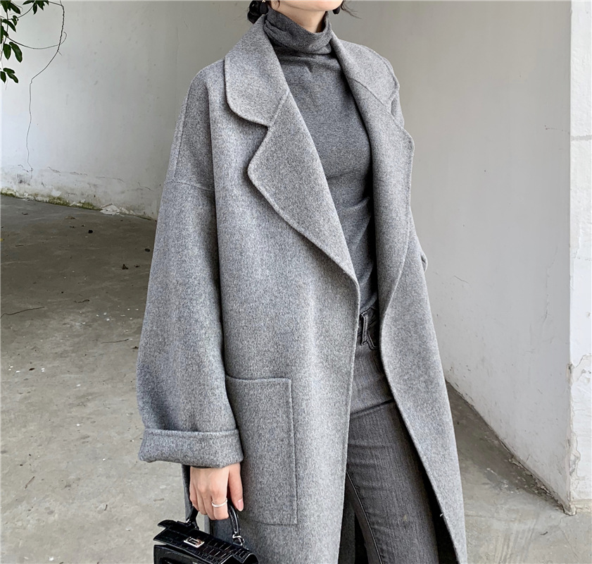 Double-sided Cashmere Wool Overcoat Long Tie Pure Wool Reversible Woolen Coat