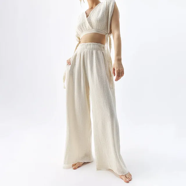 Double layer Gauze Trousers High Waist Thin Cotton Wide Leg Pants Apricot - Shop at LoveMi
