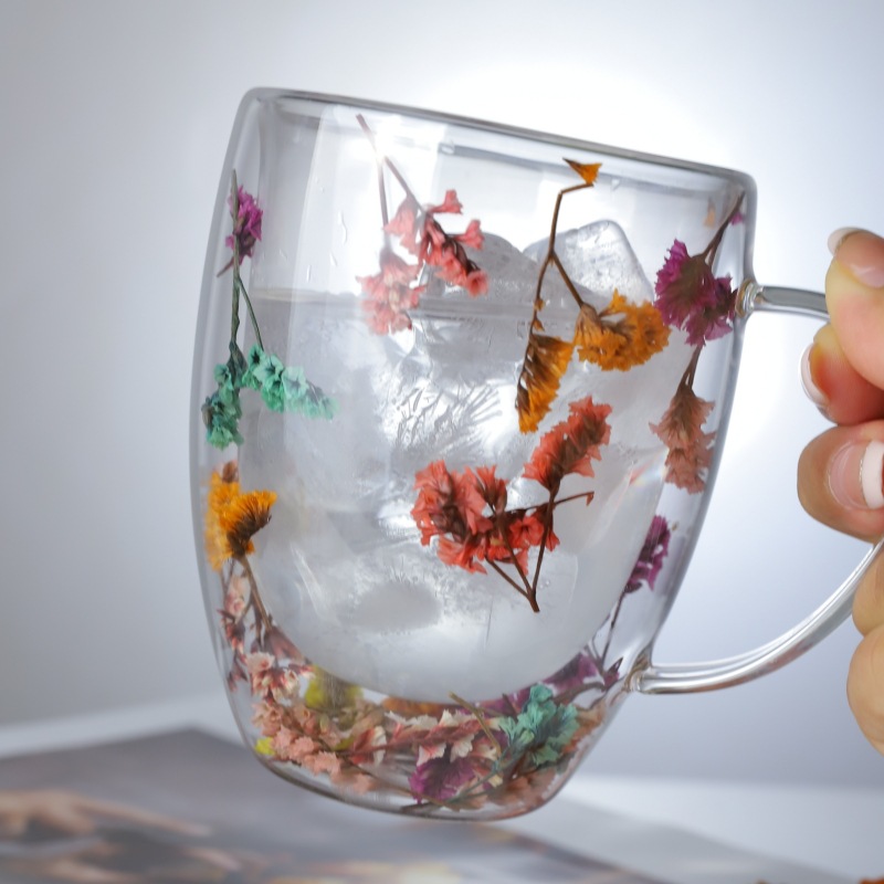 Creative Non-hot Hand Dried Flower With Handle Glass Insulation Double-layer Cup