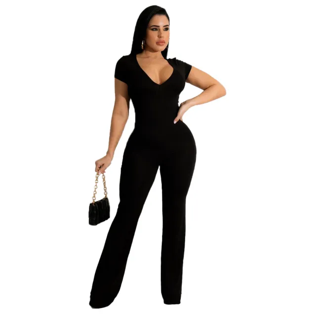 Bell bottom Pants Short Sleeve Women's Jumpsuit Black - Shop at LoveMi