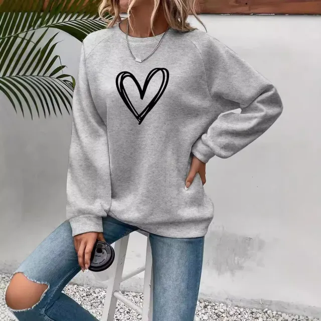 Heart Printing Round Neck Long Sleeve Sweatshirt Tops Gray - Shop at LoveMi