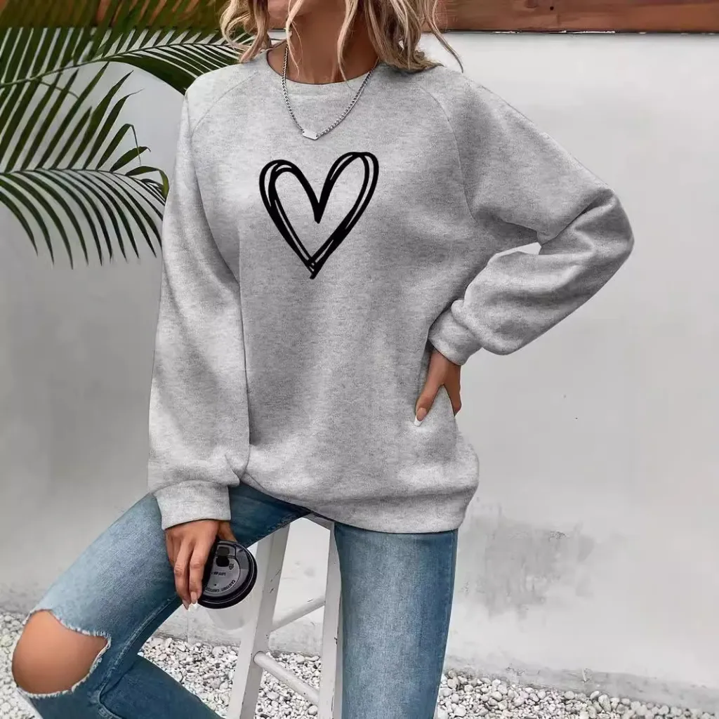 Heart Printing Round Neck Long Sleeve Sweatshirt Tops - Grey