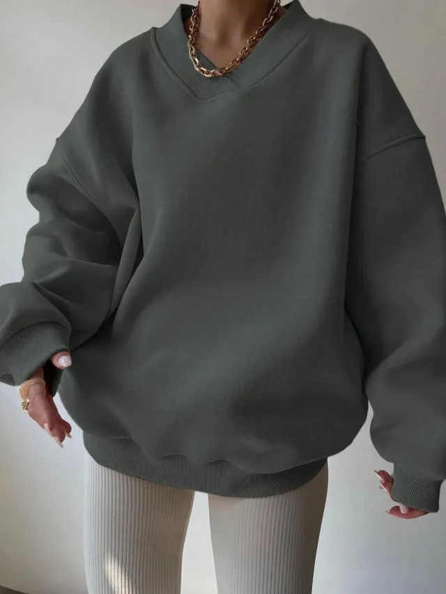 Women's Casual Solid Color Long Sleeve Crew Neck Sweater Dark Gray - Shop at LoveMi