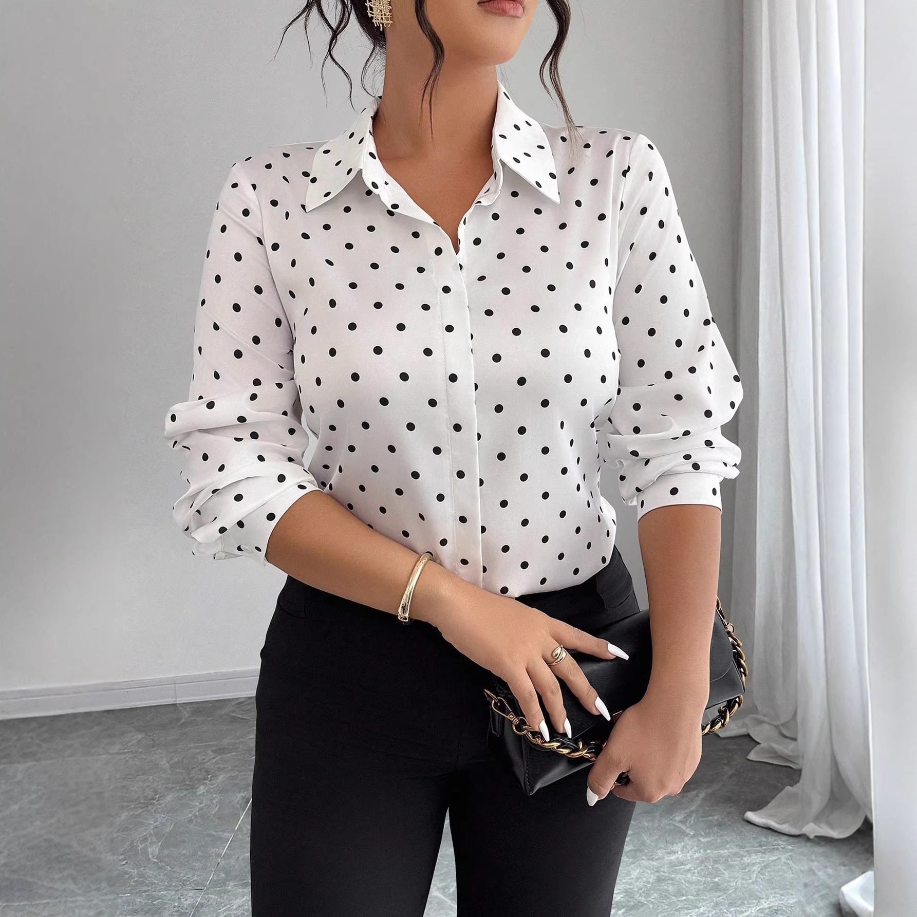 Women's Long-sleeve Polka-dot Slim-fit Lapel Blouse