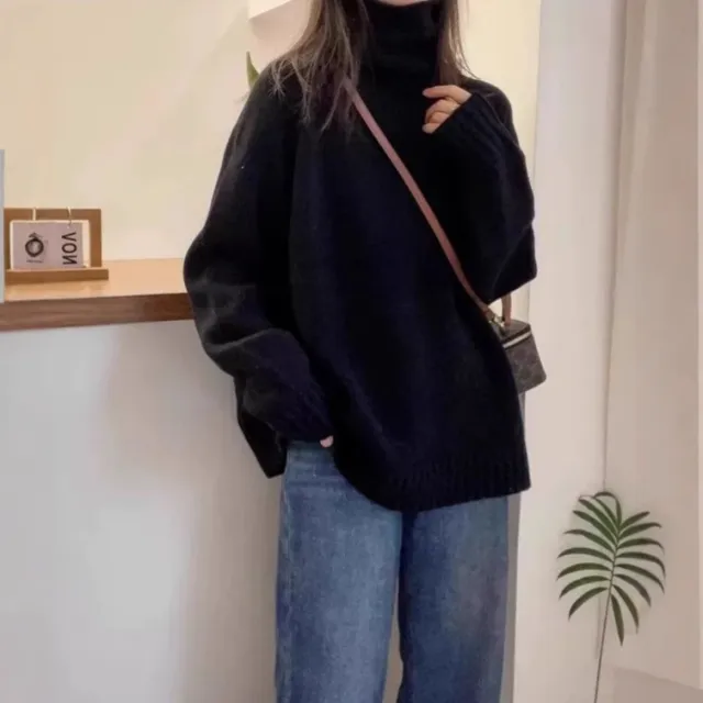 Women's Turtleneck Sweater Loose Thick Curling Pile Collar Idle Style Black - Shop at LoveMi