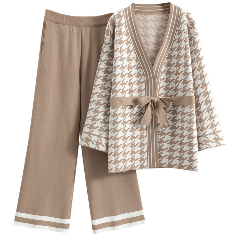Spring And Autumn Jacquard Houndstooth Knitted Wide-leg Pants Two-piece Set