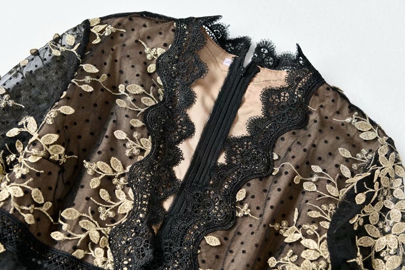 Embroidery Mesh Black Dress Women