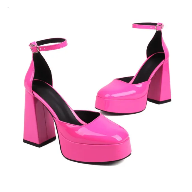 European And American Style Patent Leather Round Toe Waterproof Platform Thick Heel High Heels Red - Shop at LoveMi