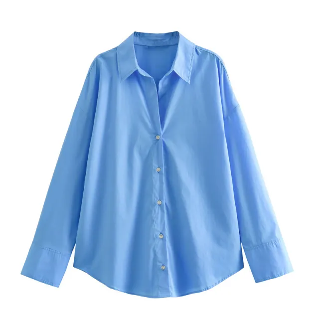 Autumn Women Clothing Printed Silk Satin Texture Drape Shirt Blue - Shop at LoveMi