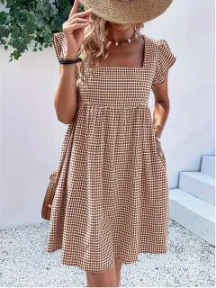 Square-neck Yarn-dyed Plaid Long-sleeve Loose-fitting Dress With Zippered Pockets - Red - View 1
