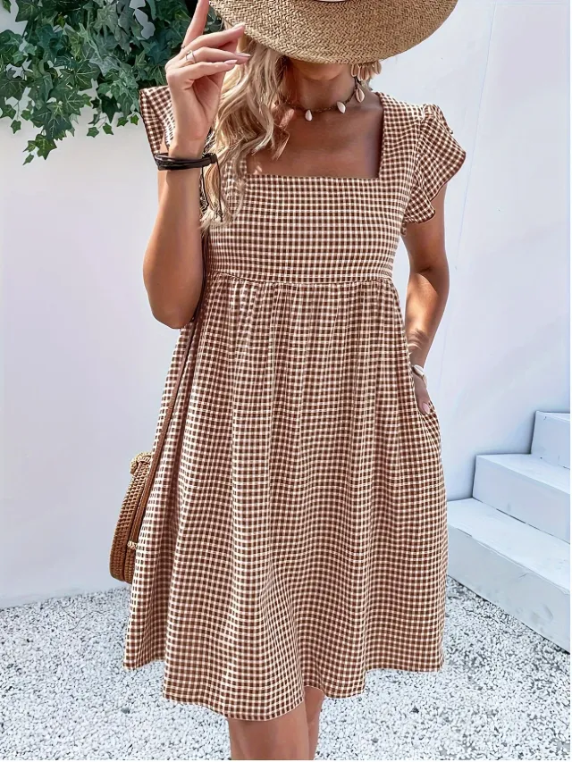 Square neck Yarn dyed Plaid Long sleeve Loose fitting Dress With Zippered Pockets Red - Shop at LoveMi