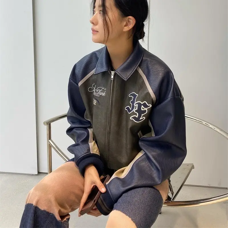 New Loose Color Matching Retro Leather Coat Jacket