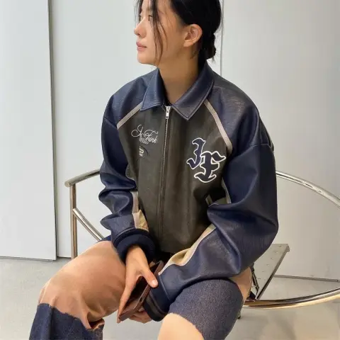 New Loose Color Matching Retro Leather Coat Jacket