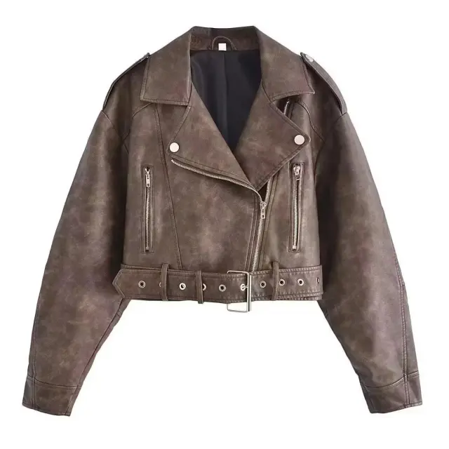 Washed Leather Motorcycle Jacket Women Brown - Shop at LoveMi