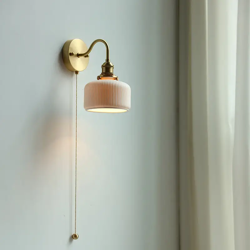 Bedroom Wall Lamp Bedside Living Room Ceramics Copper Rotatable With Drawstring