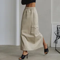Women's Fashion Drawstring Elastic Waist Double Pocket Cotton High Waist Skirt - Beige - View 1