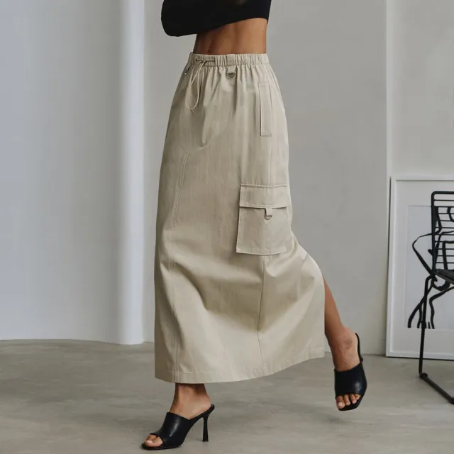 Women's Fashion Drawstring Elastic Waist Double Pocket Cotton High Waist Skirt Beige - Shop at LoveMi