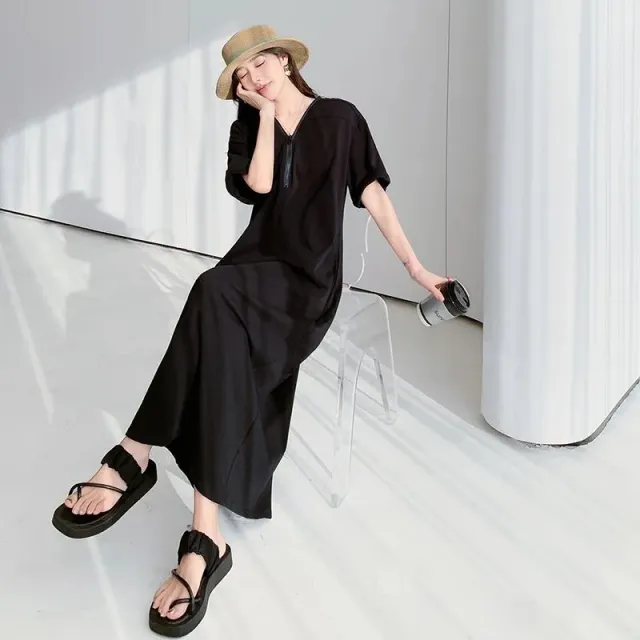 Retro Hepburn Zipper Dress Summer Loose Casual Slightly Fat Black - Shop at LoveMi